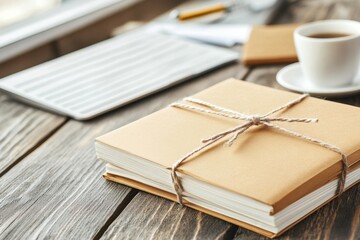 Fototapeta premium A digital 3D illustration of a stack of kraft paper notebooks tied together with twine, placed on a wooden desk with natural lighting