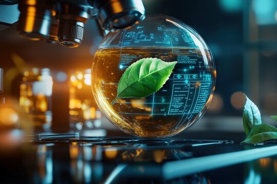 A futuristic microscopy scene showcasing a digital interface overlaying a magnified tea leaf, with holographic annotations explaining its biochemical composition