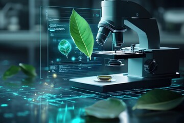 A futuristic microscopy scene showcasing a digital interface overlaying a magnified tea leaf, with holographic annotations explaining its biochemical composition