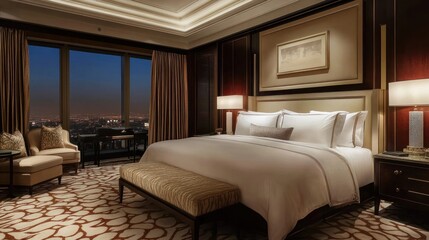Luxurious hotel room featuring a king-size bed and elegant decor with city views.