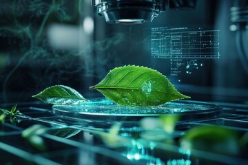 A futuristic microscopy scene showcasing a digital interface overlaying a magnified tea leaf, with holographic annotations explaining its biochemical composition
