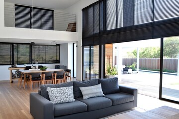 Modern living room with large windows,  black blinds, and hardwood floors, opening to a patio and pool.
