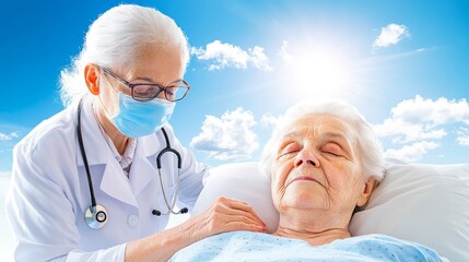 A healthcare professional in a mask tends to an elderly patient, showcasing compassion and care against a bright sky backdrop.
