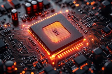 Circuit board with glowing microchip and intricate electronic components at night