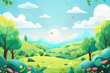 Cartoon Landscape with Green Hills, Trees, and Blue Sky