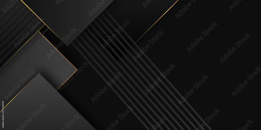 Poster Minimal black grey abstract modern background design with golden stoke. Black abstract 3D presentation background with rounded rectangle shapes. Vector abstract background for business corporate.	