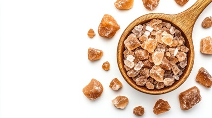 Brown sugar crystals are arranged around a wooden spoon, showcasing their texture and earthy tones against a white background.