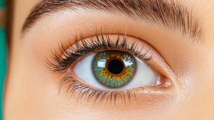 Obraz premium A close-up of a mesmerizing eye featuring vibrant green and brown hues, showcasing long lashes and smooth skin.