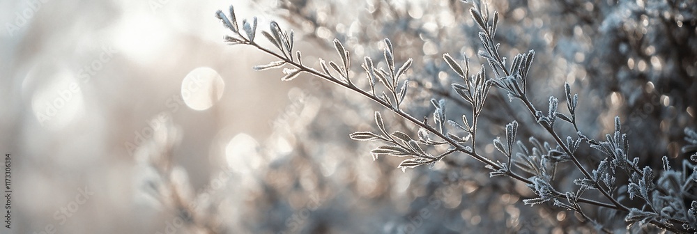 Aufkleber Frost-covered branches with bokeh background.