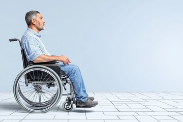 Obraz premium A thoughtful older man sits in a wheelchair, gazing into the distance, conveying a sense of contemplation and resilience.