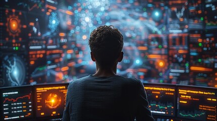 Man sits facing computer screens filled with colorful data and graphs. AI generative. .