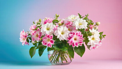 Fototapeta premium Vibrant floral arrangement in glass vase against a colorful background