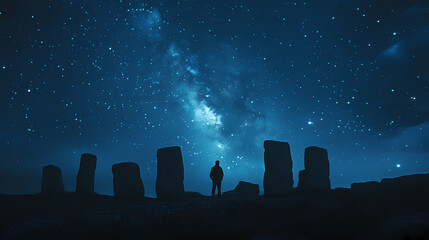 Mystical stones at stonehenge: a silhouette photography capture under a starry night sky, evoking ancient wonders and enigmatic energy in a dreamlike setting. Stonehenge. Illustration