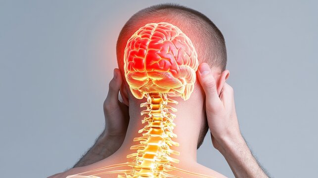 A person holds their head in pain, with a digital illustration of a brain and spine glowing at the back of their neck, symbolizing neural or spinal issues.