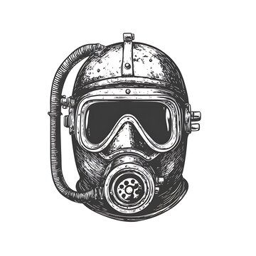 recommend clip art: Detailed monochrome gas mask sketch with hose.