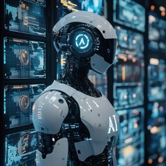 Futuristic ai robot with digital interfaces in high-tech lab