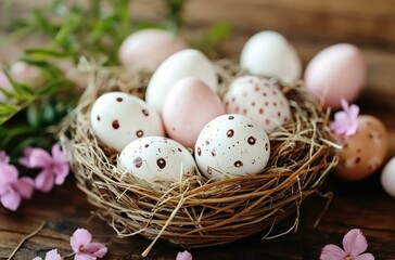 Easter Eggs in a Nest with Spring Flowers