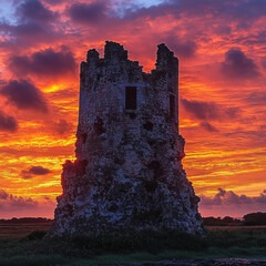 Obraz premium Ruined castle tower at sunset with vibrant sky