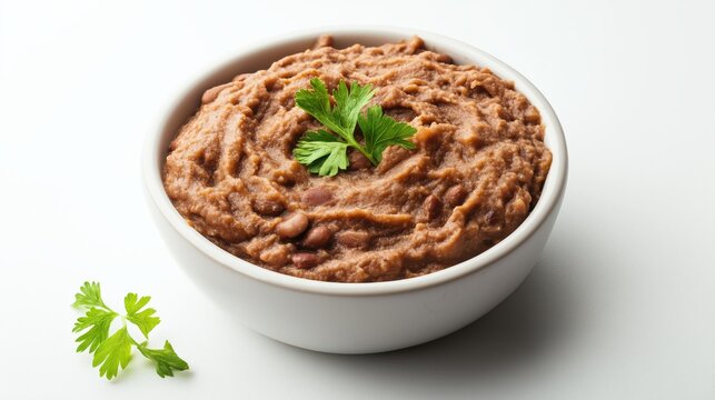 Bowl of Traditional Refried Beans on White Background