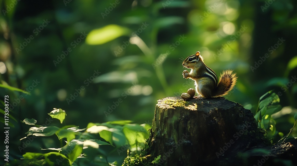 Poster a chipmunk sits on a tree stump in a forest, eating a nut. sunlight illuminates it.