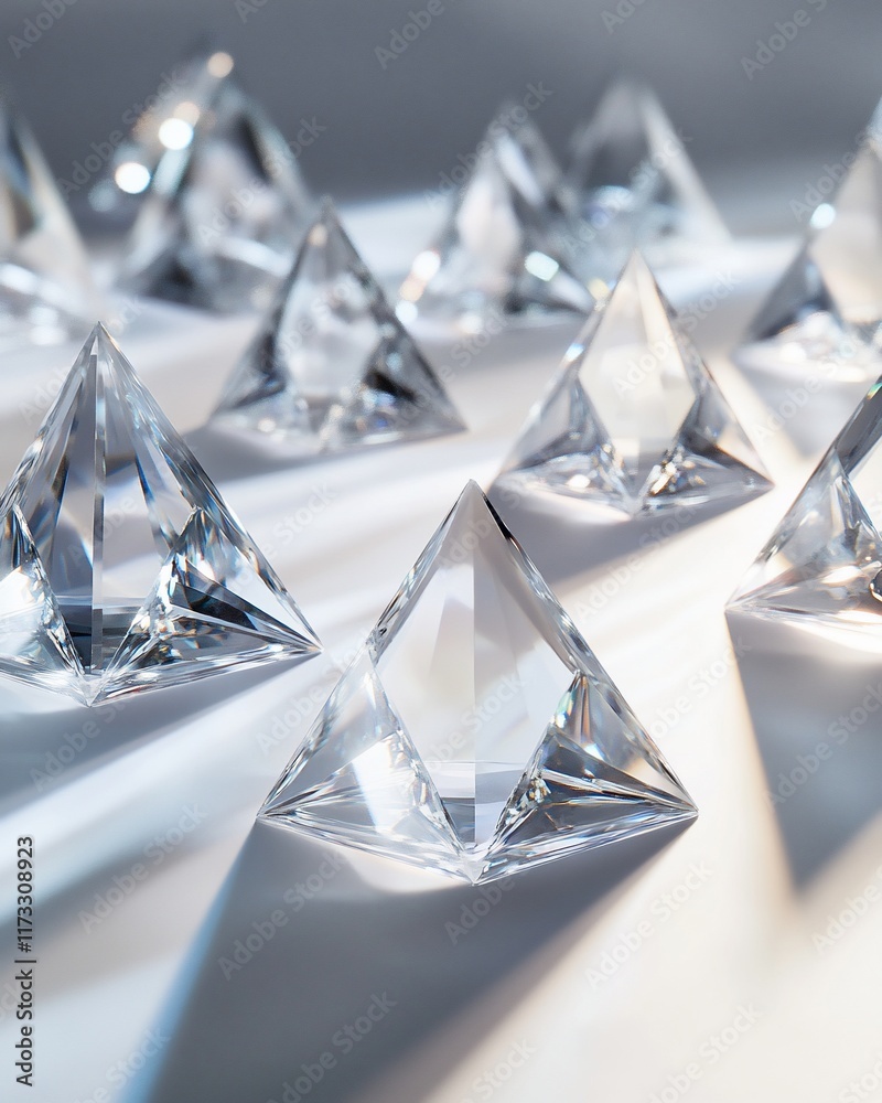 Poster sparkling crystal pyramids arranged on a white silk background, illuminated by soft light, creating 