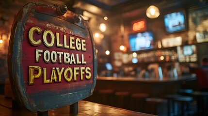 Sign that reads &ldquo;COLLEGE FOOTBALL PLAYOFFS&rdquo; - bar - pub - football - party - theme night - happy hour - TVs - team spirit - college - headquarters - alumina get together 