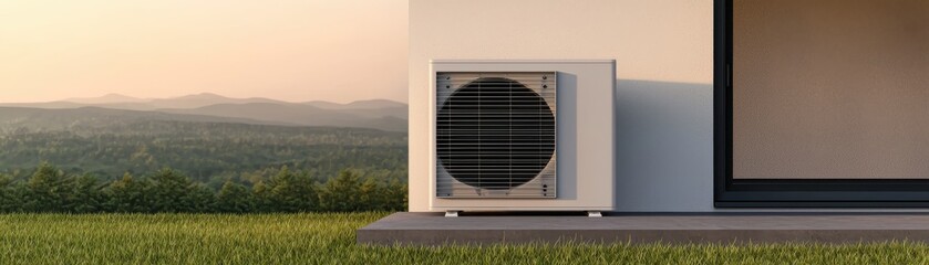 An outdoor air conditioning unit sits beside a modern building, surrounded by lush greenery and a softly lit sunset.