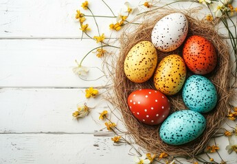 Obraz premium Easter Nest with Colorful Eggs and Flowers