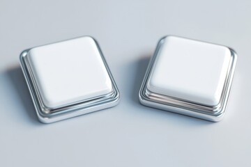 Mockup of a square metallic snap button in white. Blank design for jeans clasp, displaying front and back views