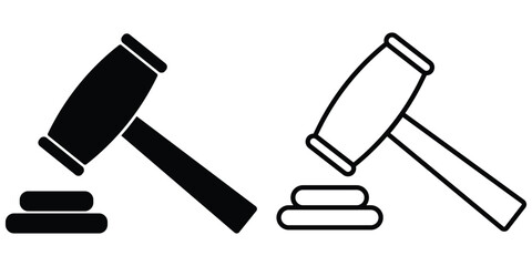 Gavel icon set. Minimalist vector illustration of a gavel in black and white. Editable stroke. Gavel Icons pack in outlined and flat versions. Design eps 10