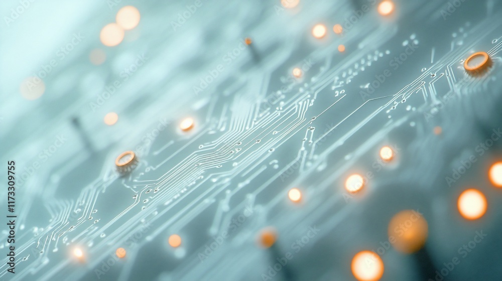Poster Close-up of illuminated circuit board with intricate pathways and glowing components.