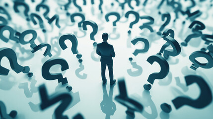 Businessman surrounded by floating question marks symbolizing confusion and decision-making