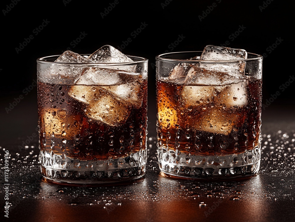 Poster two glasses of cola with ice cubes on a dark surface.