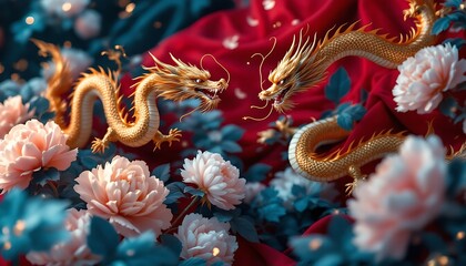 Obraz premium Golden Dragons Amidst Blossoming Peonies