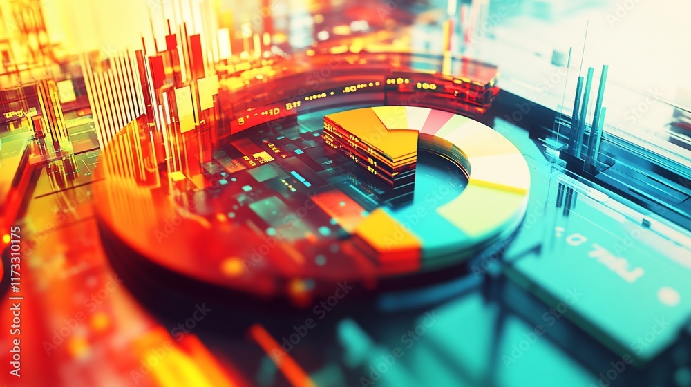 Aufkleber Abstract 3D rendering of a colorful pie chart on a technological circuit board background.