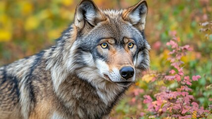 Fototapeta premium Majestic Gray Wolf Portrait in Autumn Foliage
