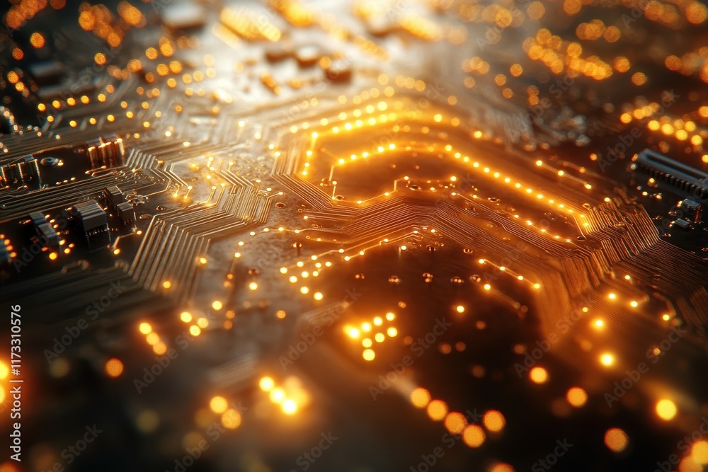 Poster intricate patterns and glowing lights on a circuit board showcase advanced technology in action
