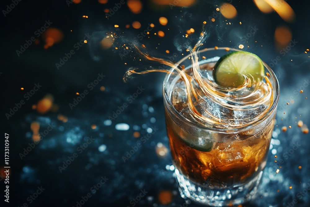 Poster close-up of a refreshing cocktail with ice and lime, splashing in a rocks glass on a dark background