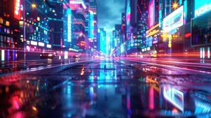 Fototapeta premium Neon-lit city street at night, reflecting in wet pavement.