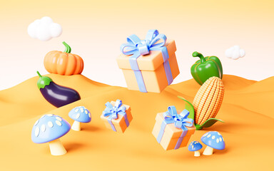 Cartoon gifts with various vegetable outdoor background, 3d rendering.