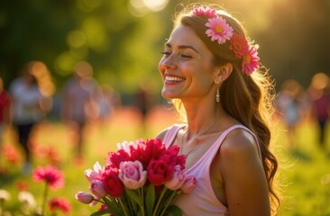 woman celebrating International Women's Day with colorful flowers, gathered in a park during daytime