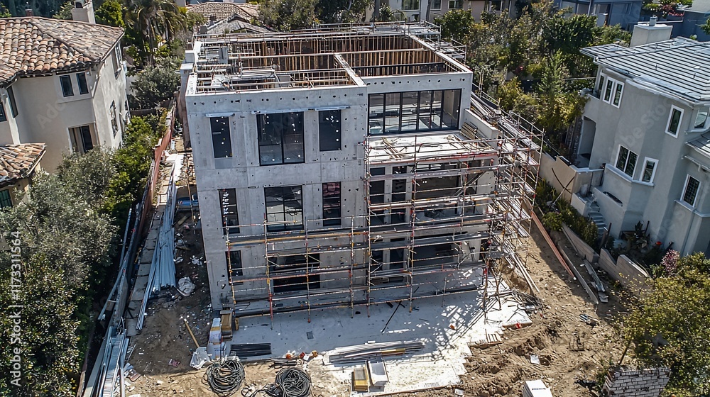 Poster aerial view of a modern house under construction, showing scaffolding, concrete structure, and surro