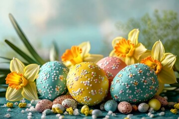 Obraz premium Easter Eggs and Daffodils Arrangement
