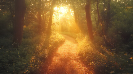 Obraz premium An evocative photography of a forest path, lit softly by golden sunlight breaking through tall trees, disappearing into an unknown distance, evoking curiosity and nostalgia.