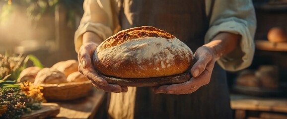 Baker hands holding freshly baked sourdough bread.