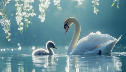 Fototapeta premium charming image of a mother swan with her baby swimming in a crystal clear lake, surrounded by lush greenery and soft sunlight filtering through trees