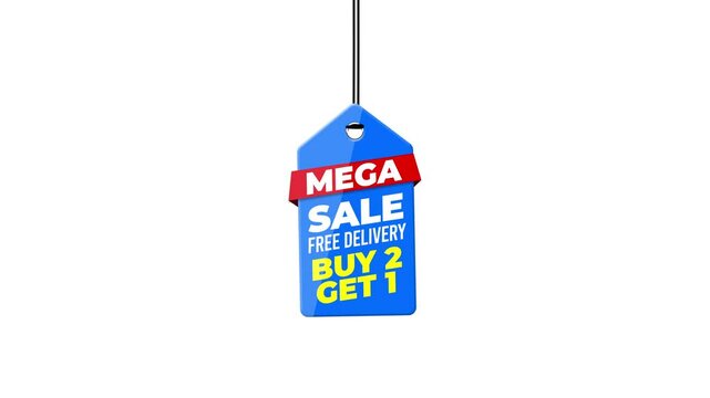 Mega Sale Hanging Tag Offer Animation - Buy Two Get One Free with White Background for Promotions.