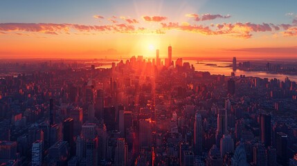 Fototapeta premium Sunrise over a city skyline with skyscrapers and a river in the distance. AI generative. .