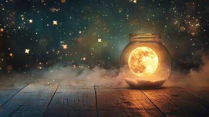On a wooden table, a glowing moon is suspended in a glass jar amid a soft, glowing mist and strewn stars in a dark, dreamlike scene.