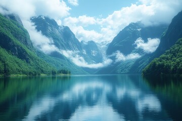 Tranquil lake reflecting majestic mountains under bright blue sky in Norway